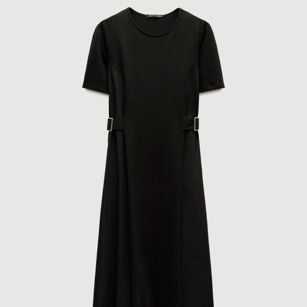 NWT Zara Combination Buckle-Waist Black Midi Dress
